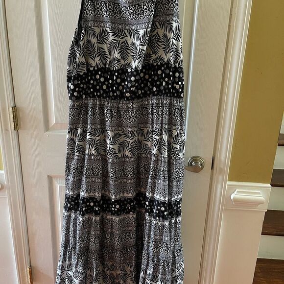 NWT Kaktus 100% Cotton Black and white print maxi dress short sleeves size large - Picture 2 of 9